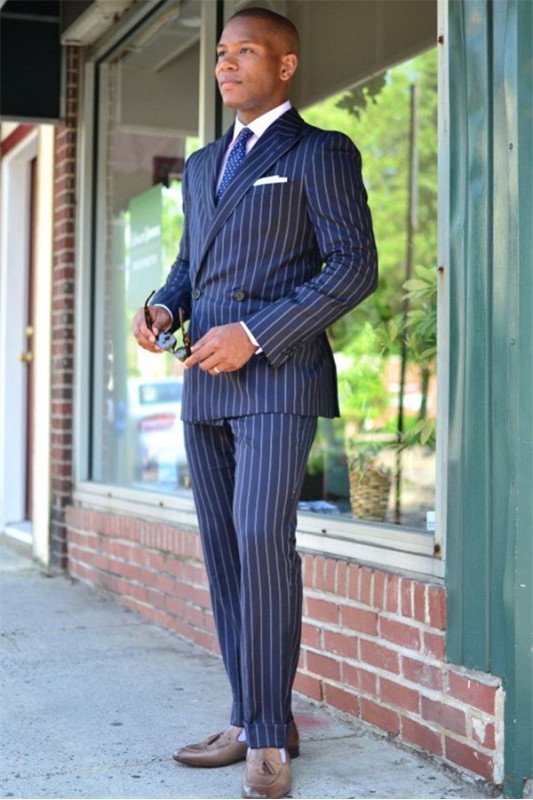 Stylish Dark Blue Double Breasted Striped Formal Business Men Suits