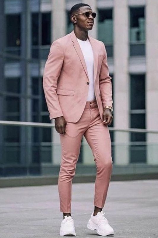 Two Piece Notched Lapel Pink Men's Suits for Casual with Flap Pockets