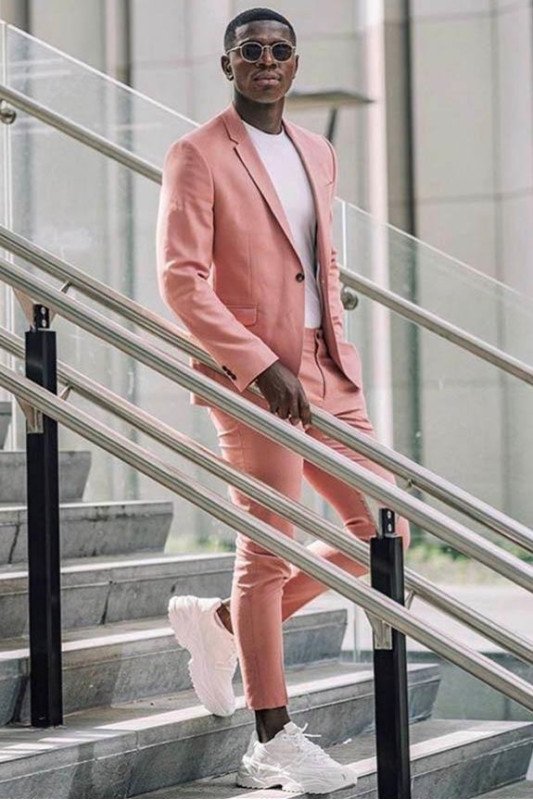 Two Piece Notched Lapel Pink Men's Suits for Casual with Flap Pockets