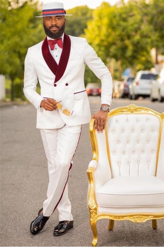 Newest White Jacquard Double Breasted Wedding Suit with Burgundy Lapel