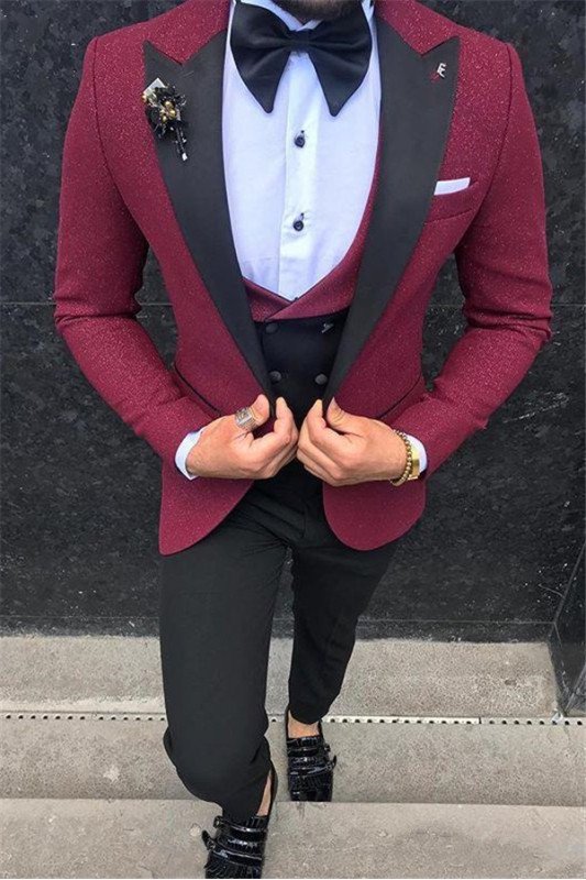 Henry Burgundy Best Fitted Peaked Lapel Three-Piece Men Suits 
