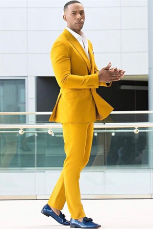 Bespoke Yellow Double Breasted Peaked Lapel Prom Men Suits  Bespoke Yellow Double Breasted Peaked Lapel Prom Men Suits