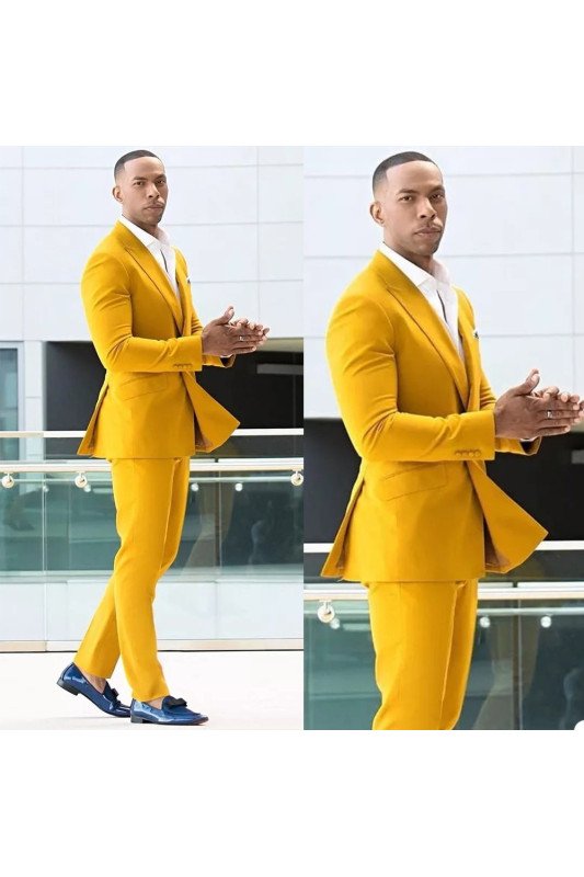 Bespoke Yellow Double Breasted Peaked Lapel Prom Men Suits 