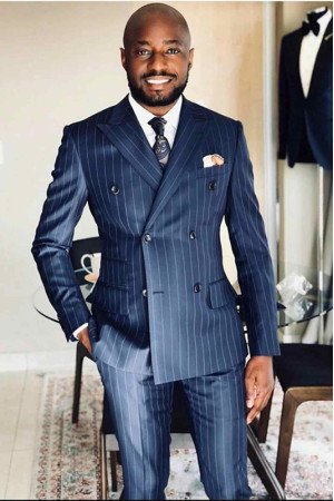 Newest Navy Blue Striped Peaked Lapel Double Breasted Formal Men Suits