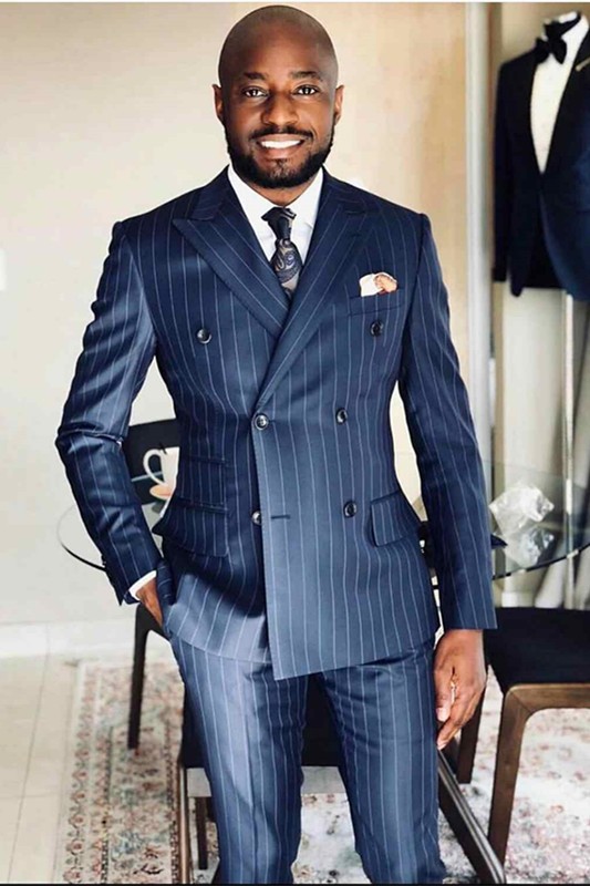 Newest Navy Blue Striped Peaked Lapel Double Breasted Formal Men Suits