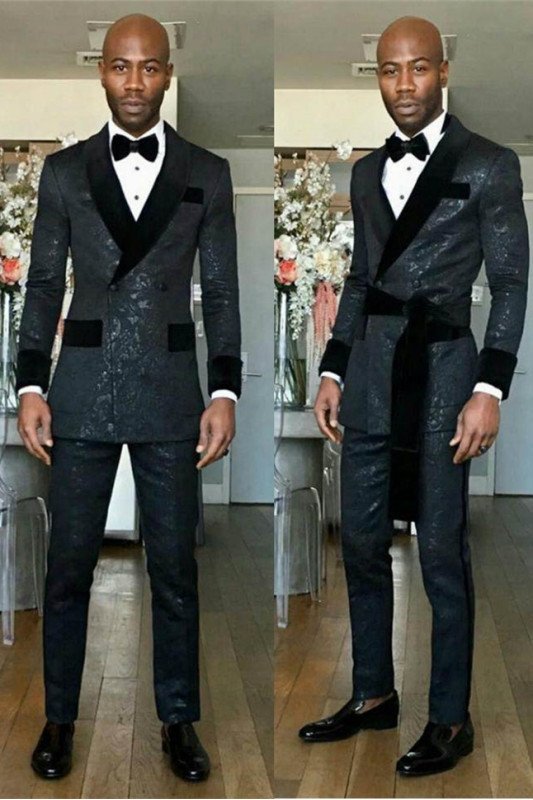 Kingston Black Shawl Lapel Double Breasted Best Fitted Wedding Groom Suits