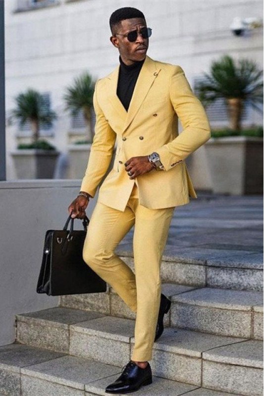 Glamorous Yellow Double Breasted Peaked Lapel Prom Men Suits