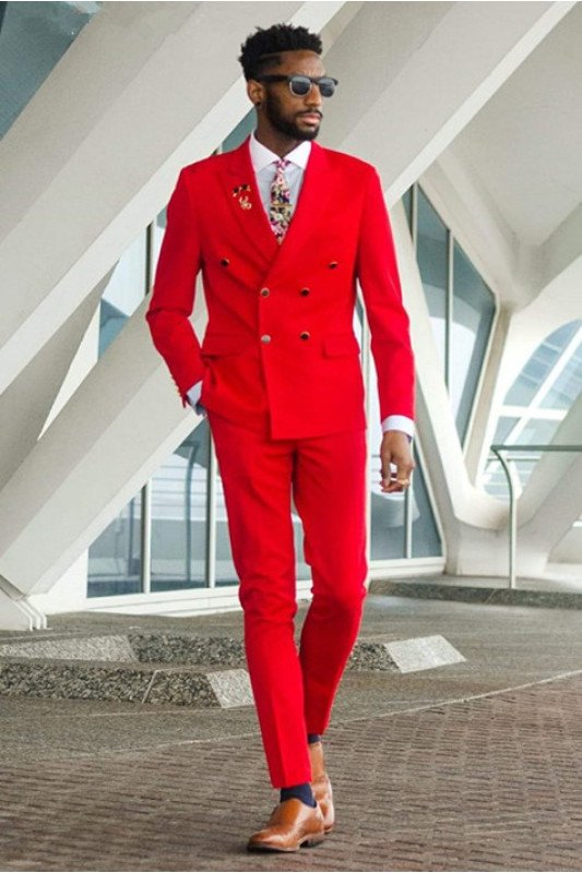 Fashion Red Peaked Lapel Double Breasted Men Suits for Prom
