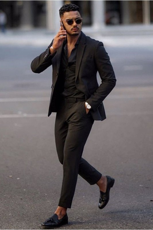 Cool Simple Black Notched Lapel Formal Business Men Suit