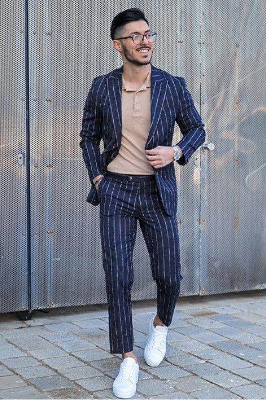 Latest Design Dark Nay Striped Peaked Lapel Cool Men Suit