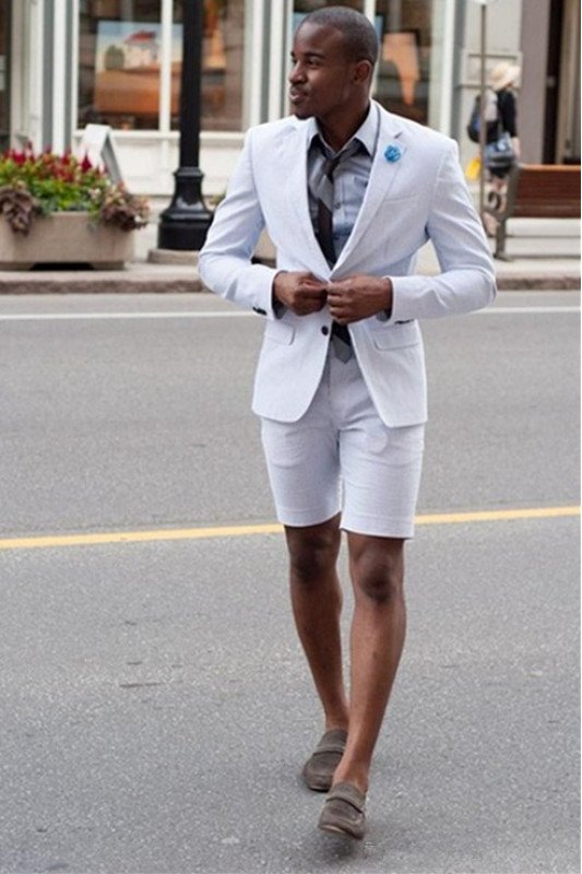 Kelvin White Summer Notched Lapel Chic Suits with Short Pants