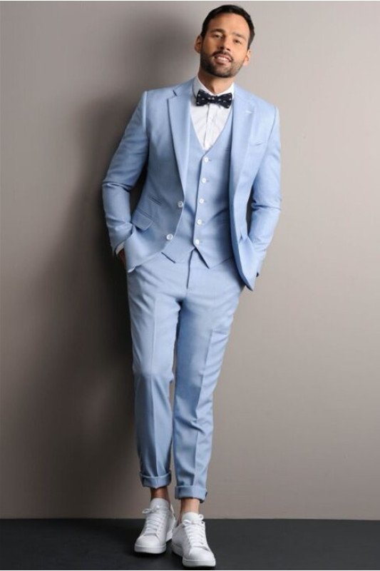 Leon Sky Blue 3-Piece Notched Lapel Chic Men Suits