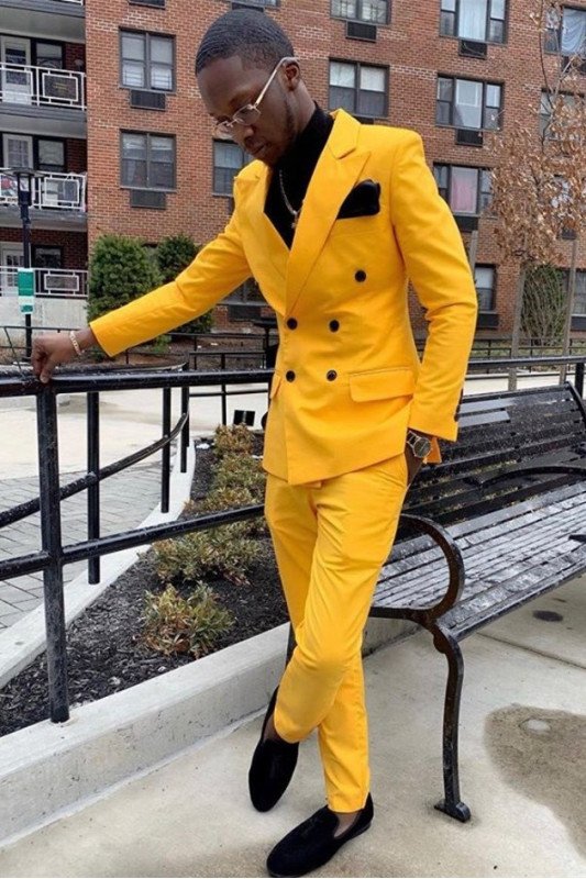 Adrian Yellow Double Breasted Peaked Lapel Best Fitted Men Suits
