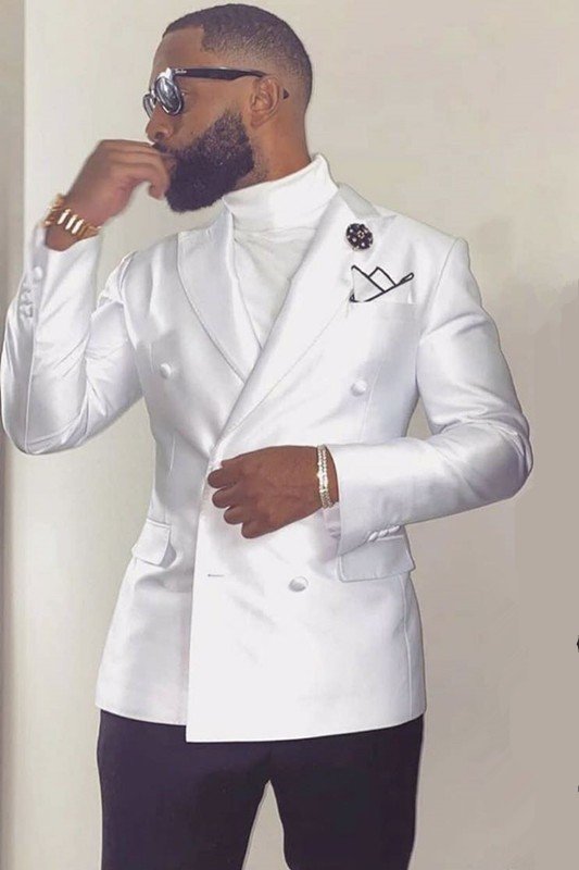 Chic White Peaked Lapel Double Breasted Wedding Groom Suits