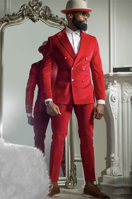 Cool Red Velvet Double Breasted Peaked Lapel Prom Suits