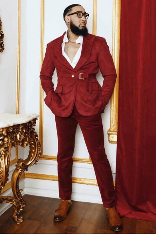 Bespoke Chic Red Velvet Peaked Lapel Prom Men Suits