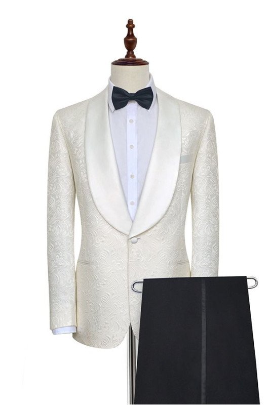 Newest Jacquard White Tuxedos for Wedding | Silk Shawl Lapel One Button Wedding Suit for Men