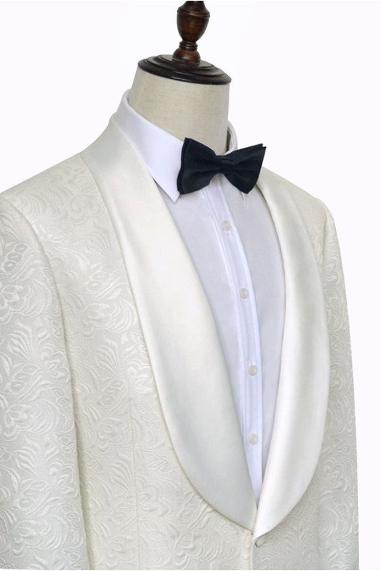 Newest Jacquard White Tuxedos for Wedding | Silk Shawl Lapel One Button Wedding Suit for Men