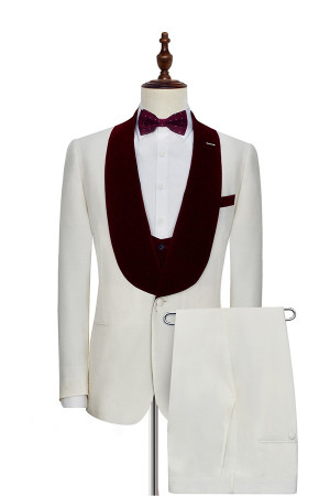 Velvet Shawl Collar White Wedding Tuxedos | 3Piece Wedding Suits with Burgundy Vest Velvet Shawl Collar White Wedding Tuxedos | 3Piece Wedding Suits with Burgundy Vest