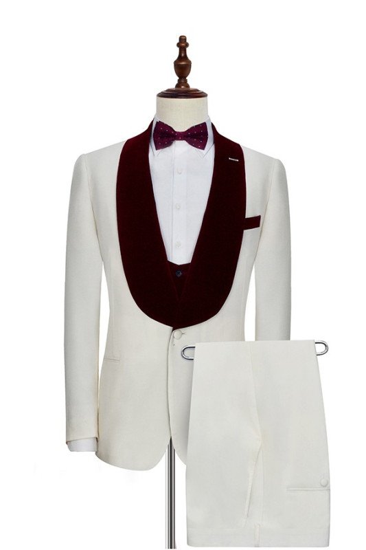 Velvet Shawl Collar White Wedding Tuxedos | 3Piece Wedding Suits with Burgundy Vest