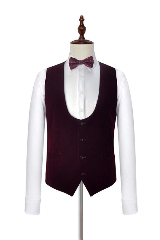 Velvet Shawl Collar White Wedding Tuxedos | 3Piece Wedding Suits with Burgundy Vest