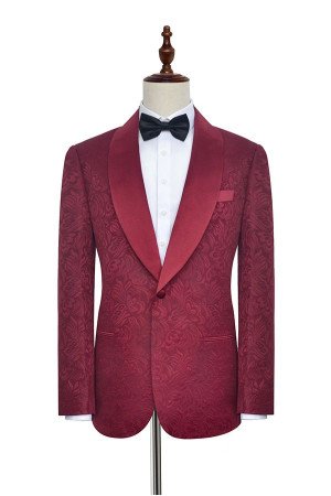 Glamorous Burgundy Jacquard One Button Silk Shawl Lapel Mens Suits for Wedding