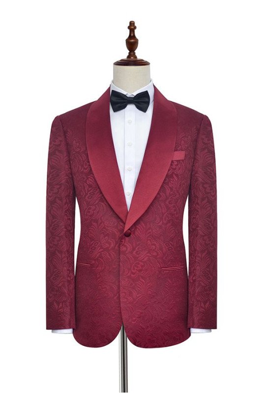Glamorous Burgundy Jacquard One Button Silk Shawl Lapel Mens Suits for Wedding
