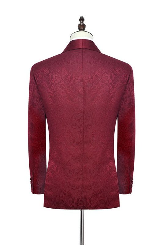 Glamorous Burgundy Jacquard One Button Silk Shawl Lapel Mens Suits for Wedding