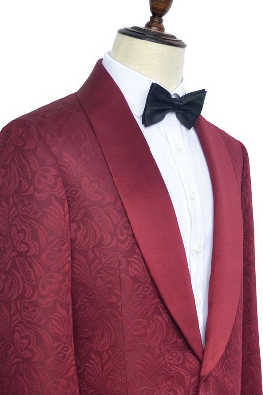 Glamorous Burgundy Jacquard One Button Silk Shawl Lapel Mens Suits for Wedding