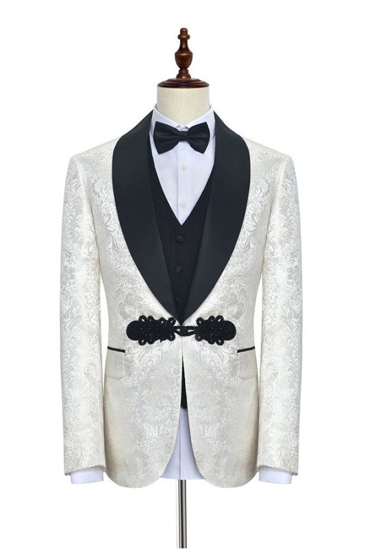Fashion Knitted Button Black Shawl Lapel 3-Piece White Jacquard Wedding Tuxedo for Men