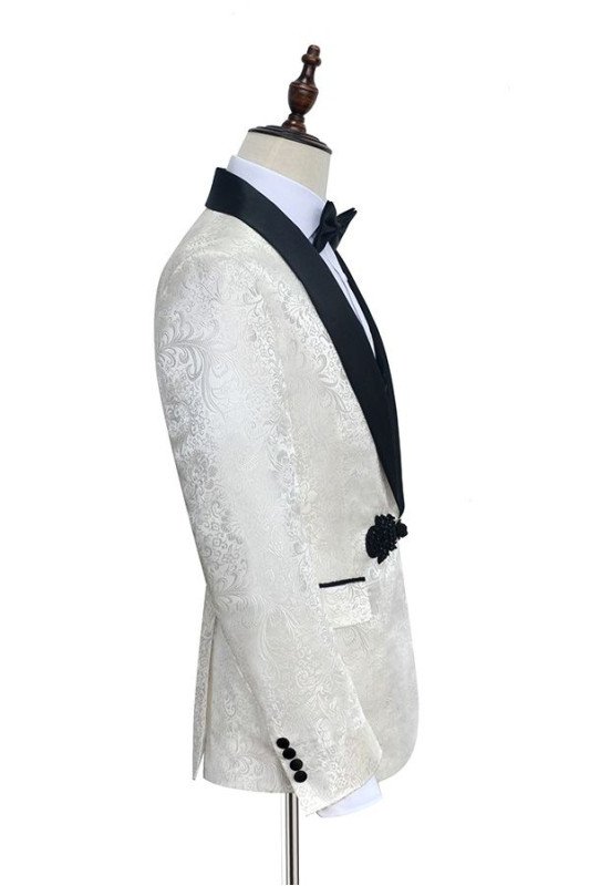 Fashion Knitted Button Black Shawl Lapel 3-Piece White Jacquard Wedding Tuxedo for Men