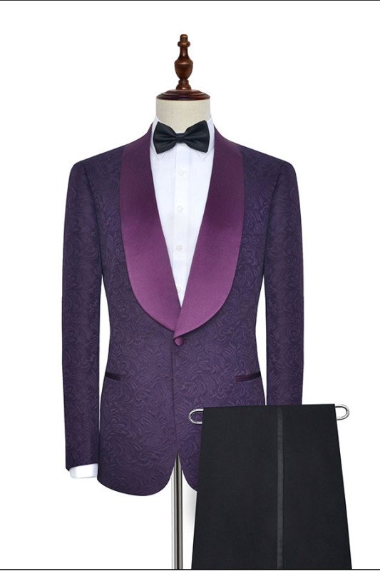 Fashion Dark Purple One Button Wedding Tuxedos | Silk Shawl Lapel Jacquard Prom Suits