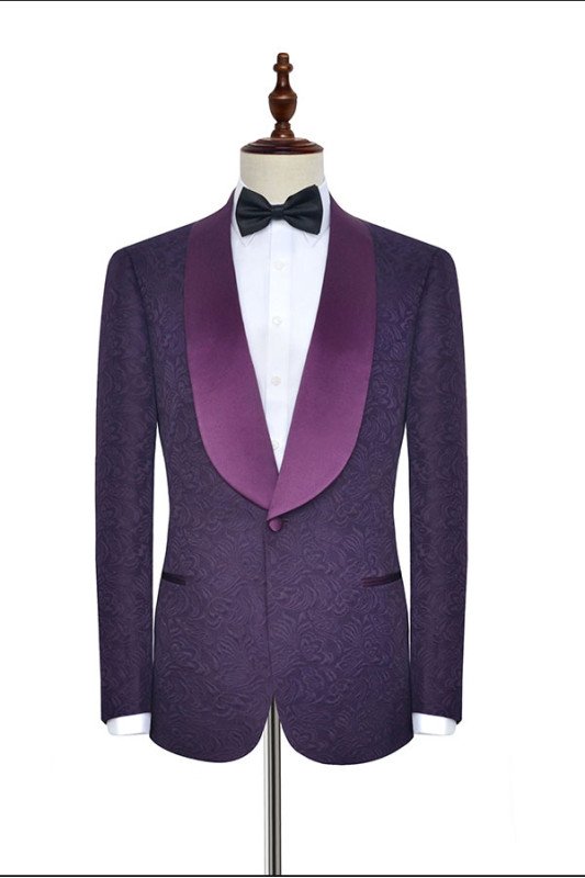 Fashion Dark Purple One Button Wedding Tuxedos | Silk Shawl Lapel Jacquard Prom Suits