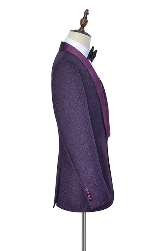 Fashion Dark Purple One Button Wedding Tuxedos | Silk Shawl Lapel Jacquard Prom Suits