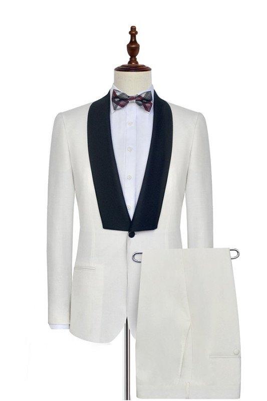 Black Knife Collar Classic White Wedding Suits for Men with One Button