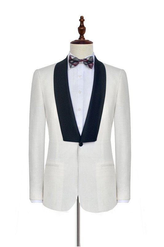 Black Knife Collar Classic White Wedding Suits for Men with One Button