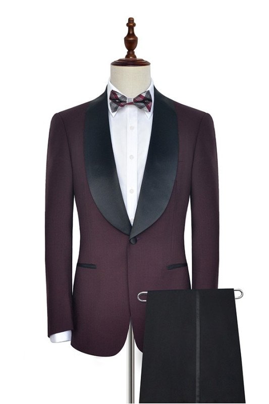 Fashion Black Shawl Collor One Button Burgundy Wedding Suits for Men