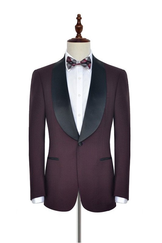 Fashion Black Shawl Collor One Button Burgundy Wedding Suits for Men