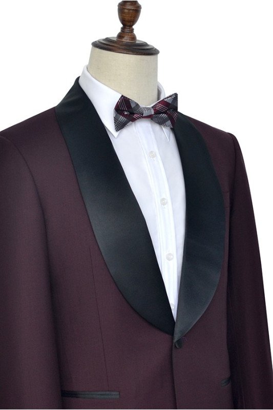 Fashion Black Shawl Collor One Button Burgundy Wedding Suits for Men