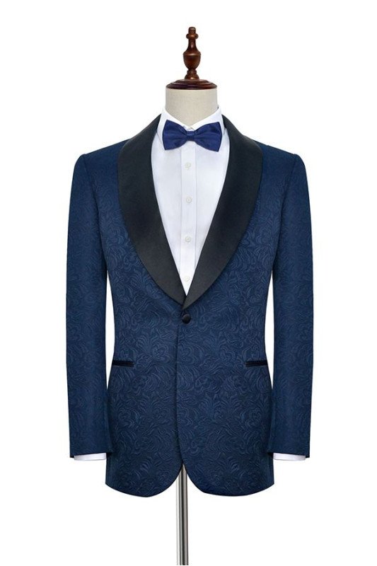 Bennett Navy Blue Jacquard Black Silk Shawl Lapel Wedding Suits