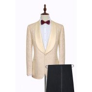 Noble Champagne Jacquard Wedding Tuxedos for Groom with Silk Shawl Lapel Noble Champagne Jacquard Wedding Tuxedos for Groom with Silk Shawl Lapel