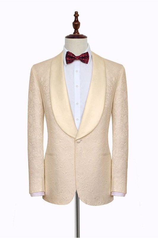 Noble Champagne Jacquard Wedding Tuxedos for Groom with Silk Shawl Lapel