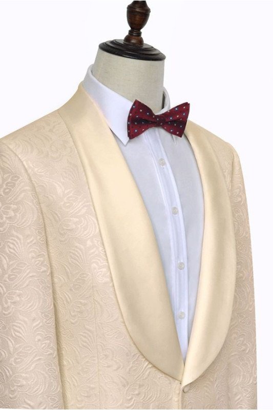 Noble Champagne Jacquard Wedding Tuxedos for Groom with Silk Shawl Lapel
