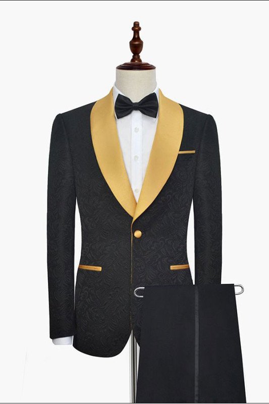Gold Shawl Lapel One Button  Black Jacquard Wedding Tuxedo