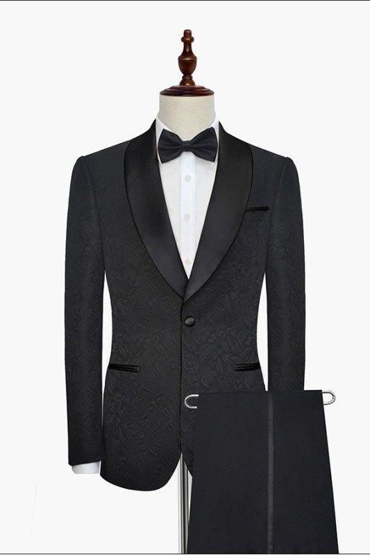 Fashion Black Jacquard Shawl Lapel Silk One Button Wedding Tuxedo for Men