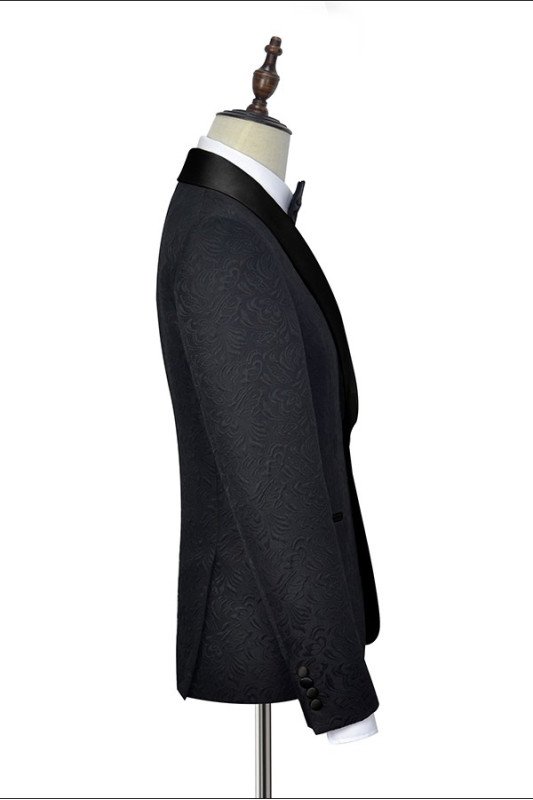 Fashion Black Jacquard Shawl Lapel Silk One Button Wedding Tuxedo for Men