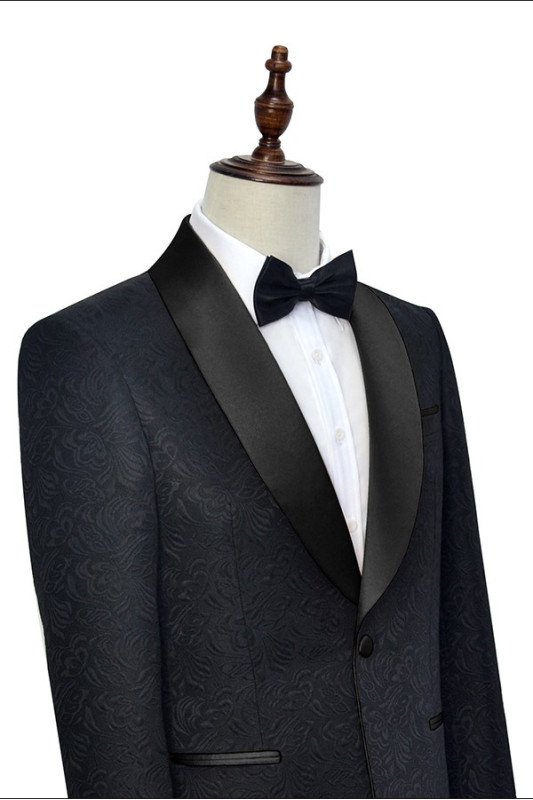 Fashion Black Jacquard Shawl Lapel Silk One Button Wedding Tuxedo for Men