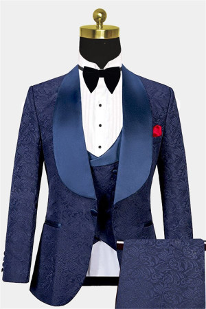 Navy Blue 3-Piece WeddingTuxedo| Jacquard Bespoke Men Suits Navy Blue 3-Piece WeddingTuxedo| Jacquard Bespoke Men Suits