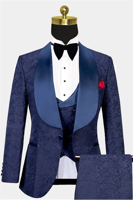 Navy Blue 3-Piece WeddingTuxedo| Jacquard Bespoke Men Suits