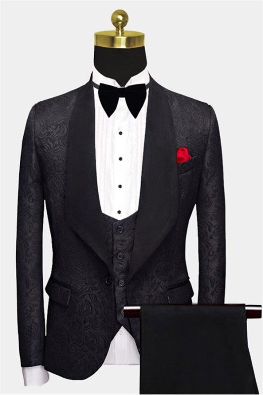 Classic Business Black Men Suits | Formal 3-Piece Jacquard Wedding Suits